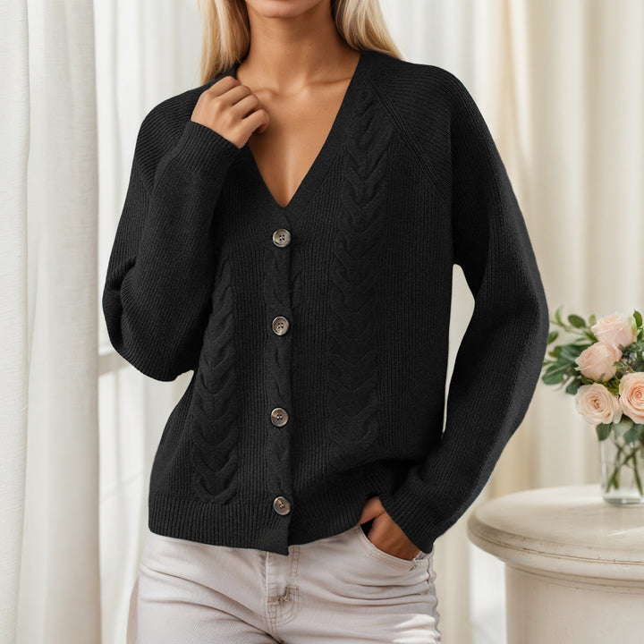 Women’s knitted jacket with V-neck and trendy twisted pattern Lune London