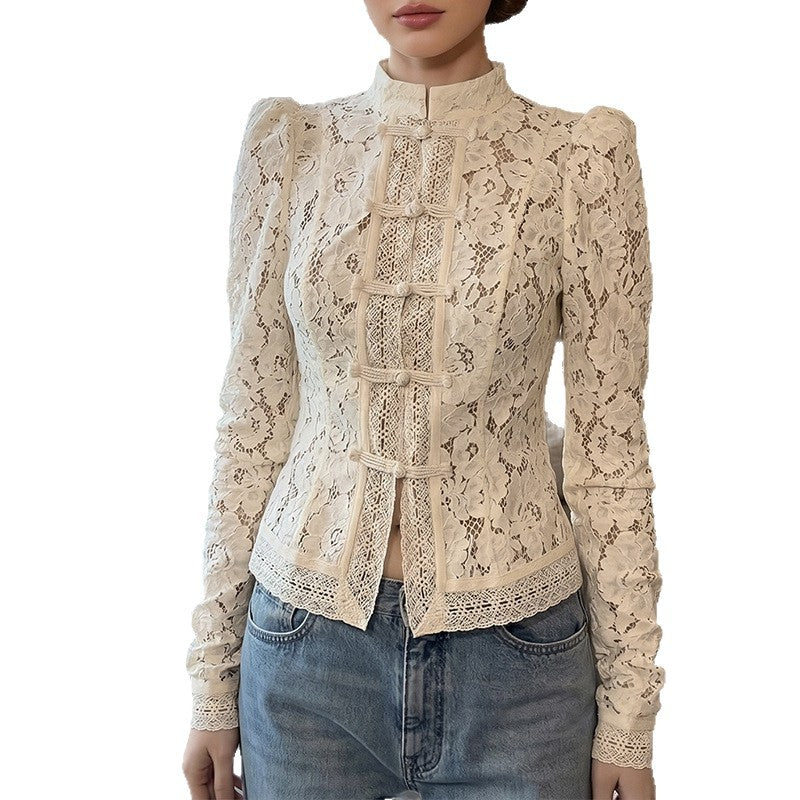 Women's lace blouse with textured details and elegant stand-up collar Lune London