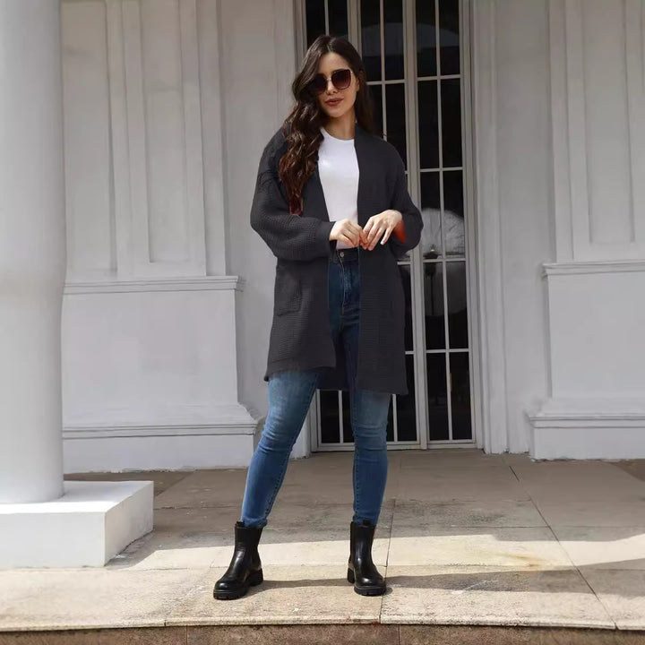Casual knitted cardigan for women with open pockets and modern waffle pattern Lune London
