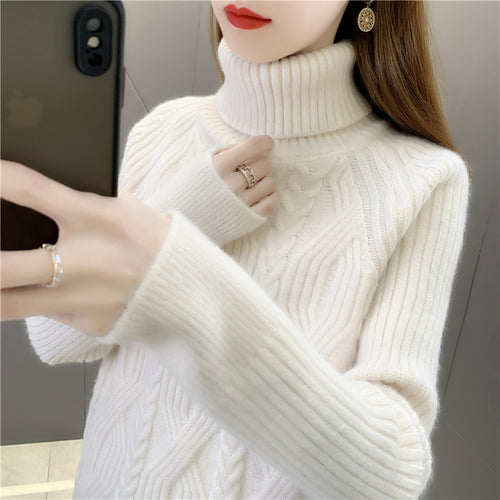 Knitted sweater for women with high collar and beautiful cable pattern Lune London