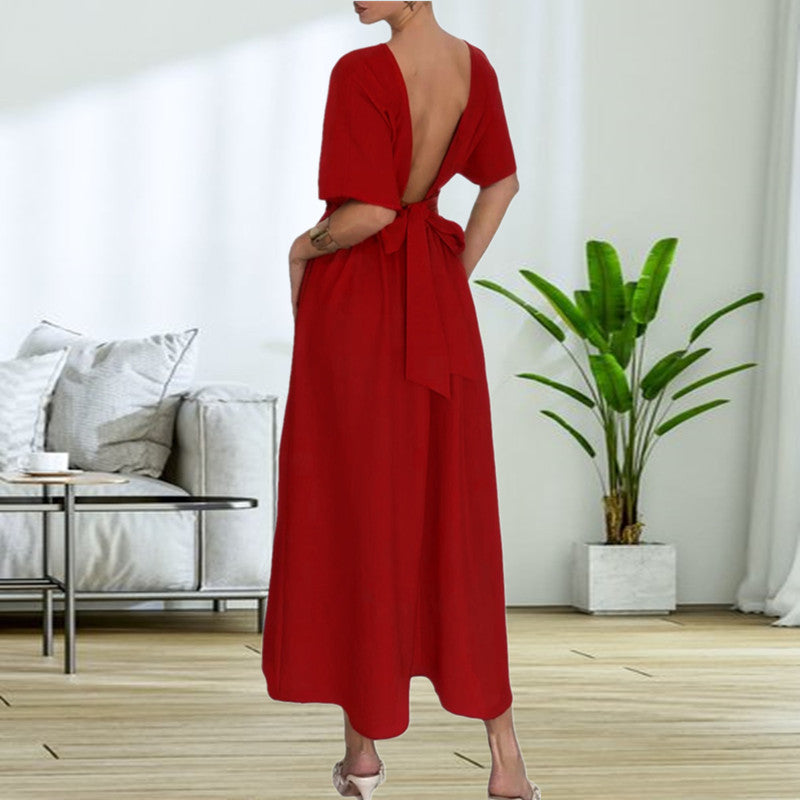 Elegant midi dress for women with back neckline and bow ribbons Lune London