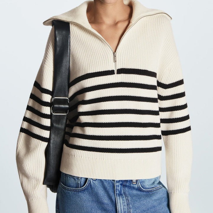 Fashion knit sweater for women with half zipper and striped design Lune London