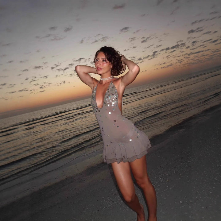 Women's summer sleeveless top with sparkling sequins and ruffle hem Lune London