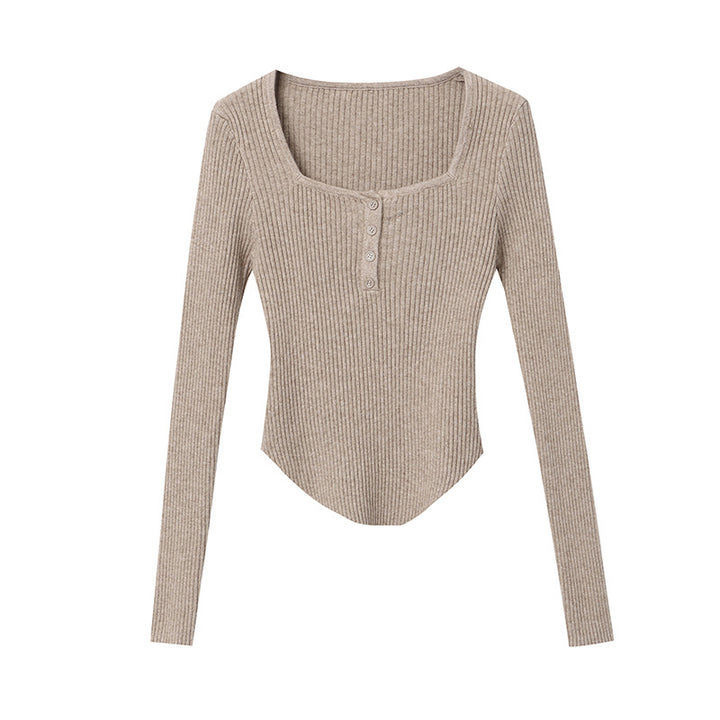 Women's Long Sleeve Ribbed Knit Top with Button Placket Chic & Stil