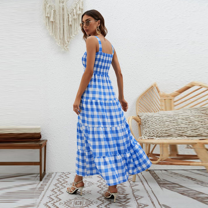 Chic & Stil Women's Airy Maxi Dress with Checkered Pattern and Elastic Bodice