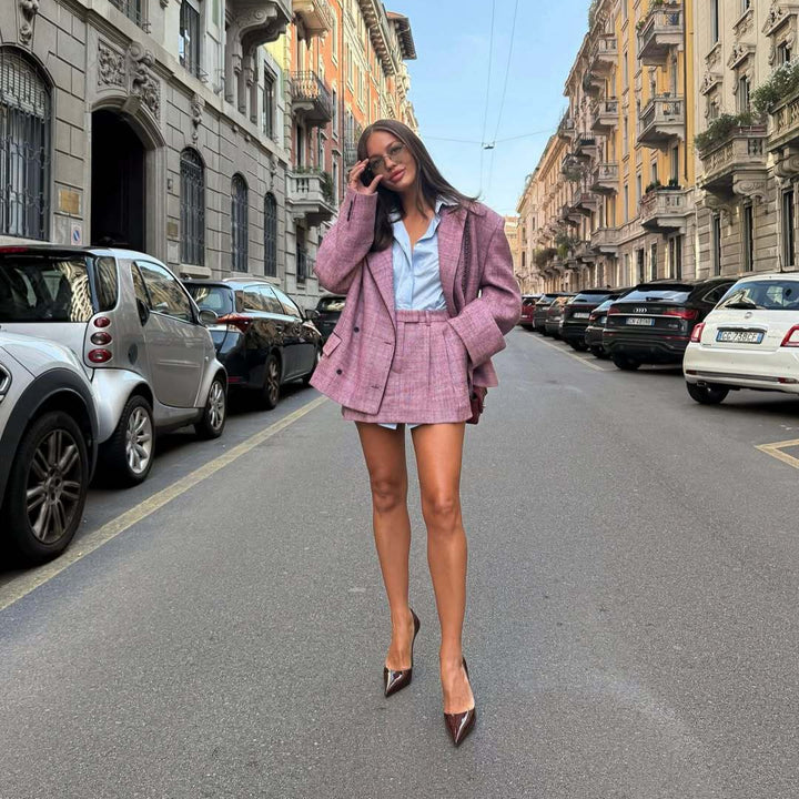Elegant blazer set for women and mini skirt with double-breasted buttons and textured fabric Lune London