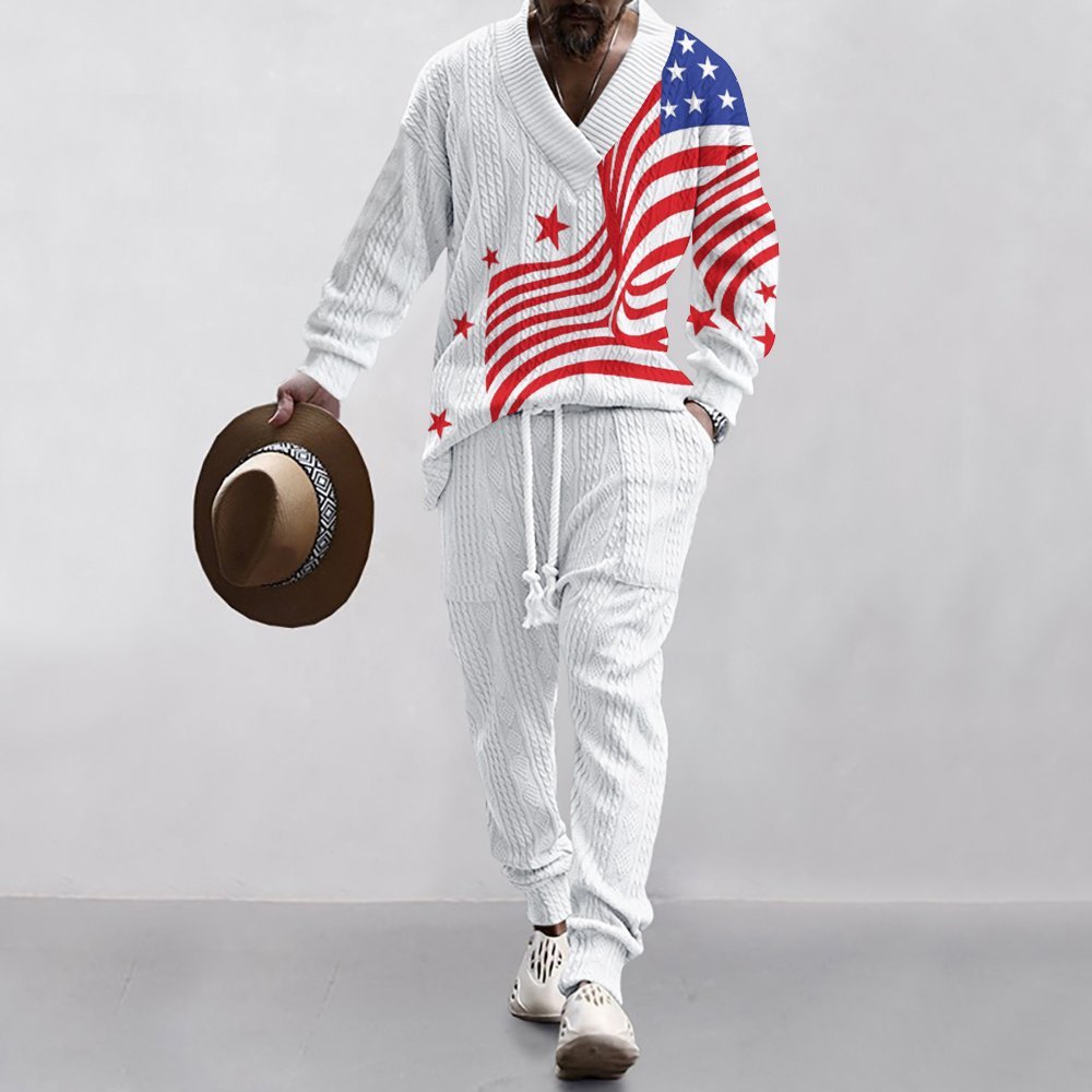 Navy knit sweater for men with a unique anchor pattern and comfortable pants Lune London