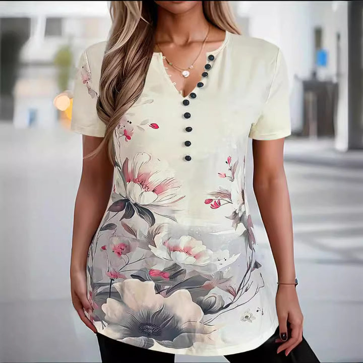 Women’s Short Sleeve Henley Top with Chic Artistic Design and Style