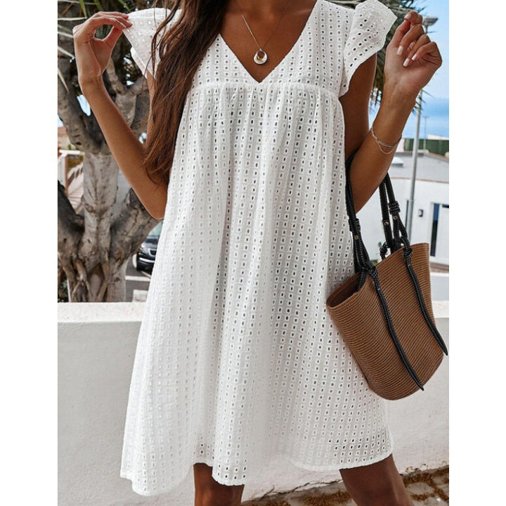 V neck shift dress with ruffle sleeves Lune London
