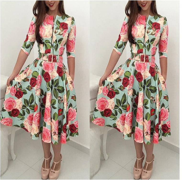 Robe midi femme avec imprimé floral et ceinture à la taille Chic & Stil