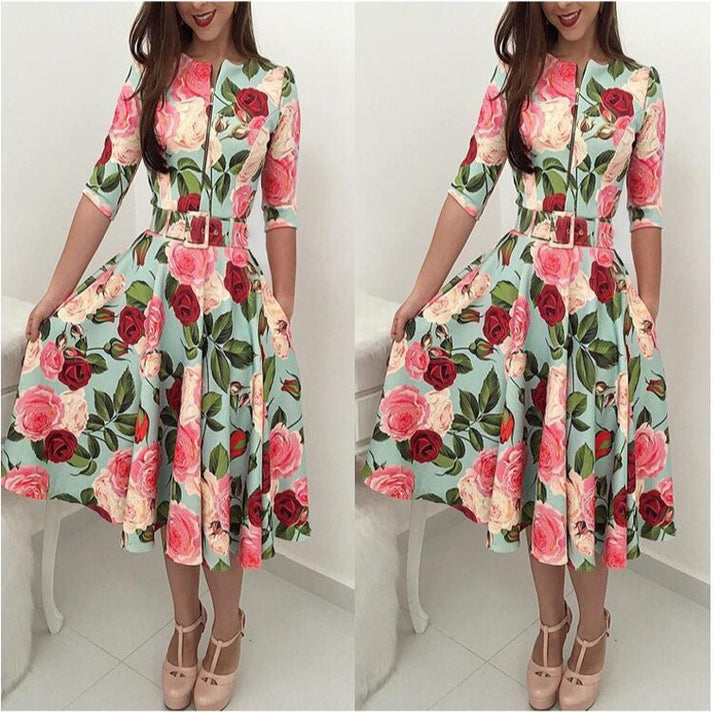 Robe midi femme avec imprimé floral et ceinture à la taille Chic & Stil