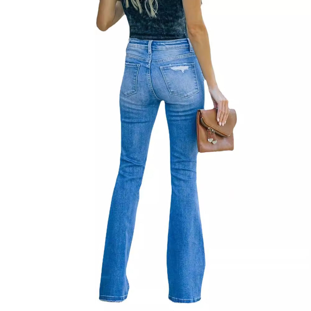 Women's Flared Jeans in Vintage Style with Fashionable Destroyed Effects