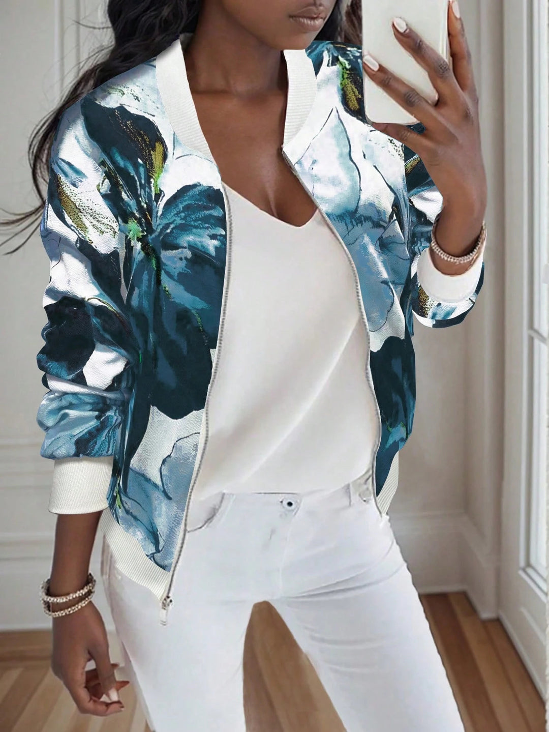Floral patterned bomber jacket for women with elastic waist Lune London