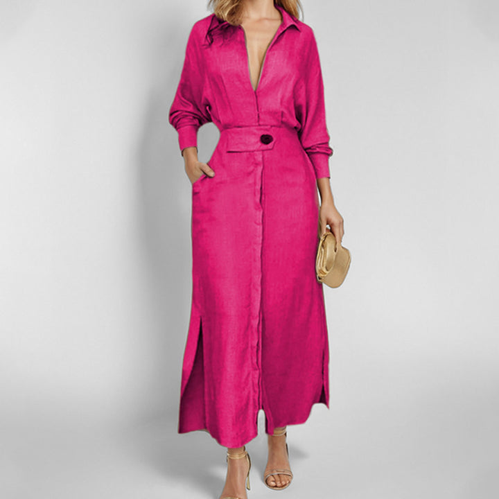 Maxi dress for women with elegant V-neckline and side slit Lune London