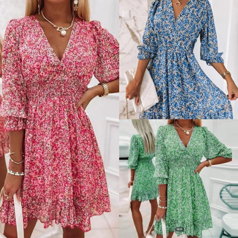 Mini floral V neck dress for women with gathered waist Lune London