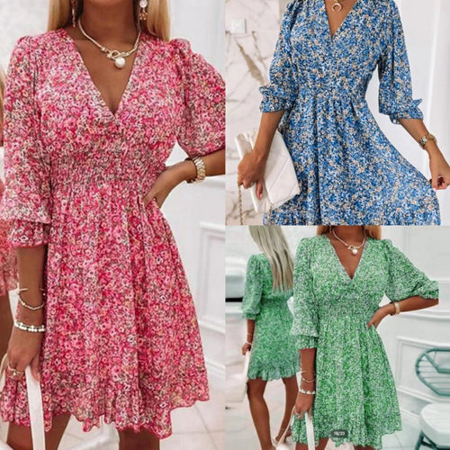 Mini floral V neck dress for women with gathered waist Lune London