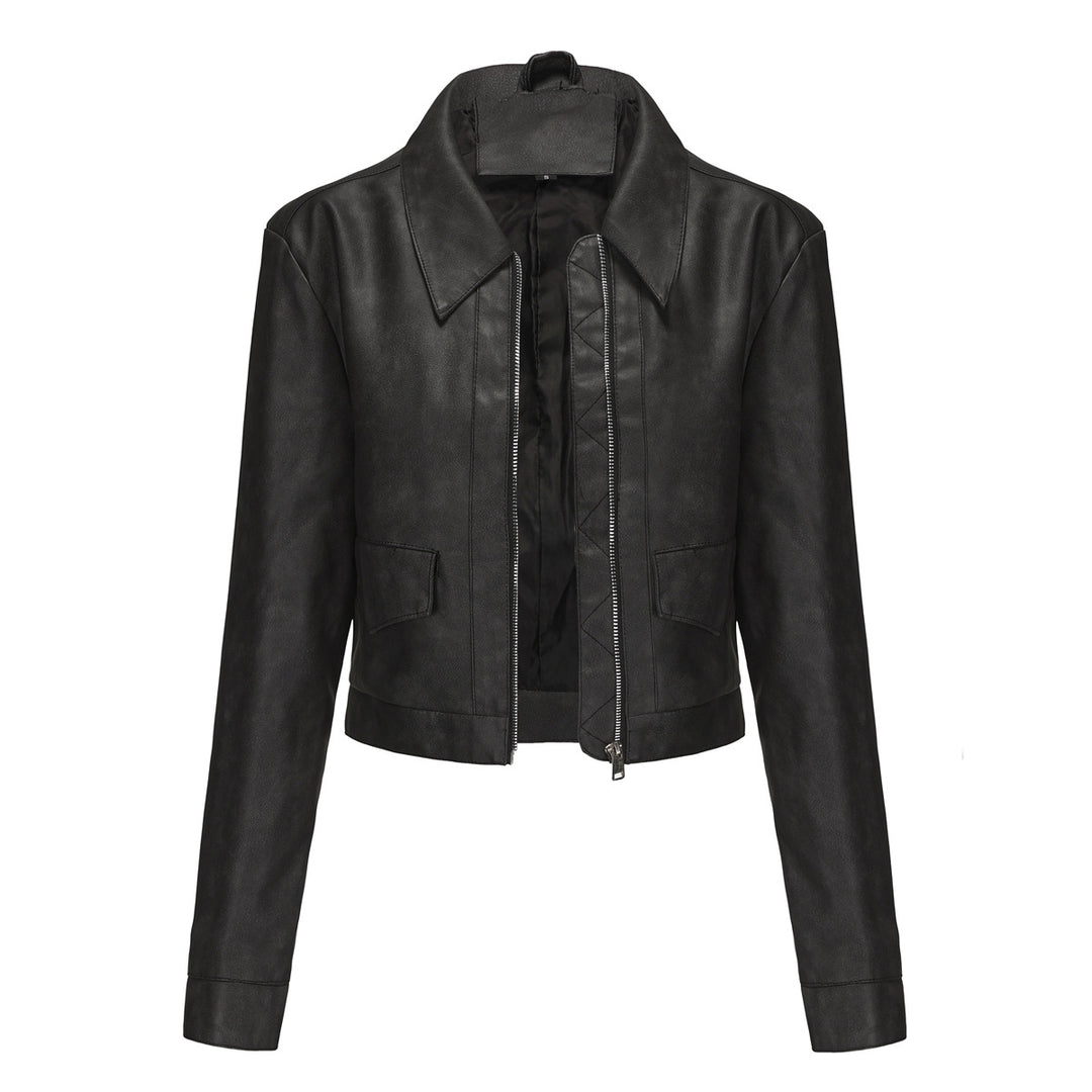 Trendy cropped synthetic leather jacket for women with classic wave collar Lune London