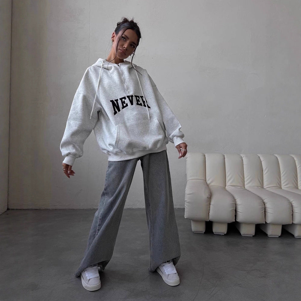 Ladies oversized hoodie with zip and statement print Lune London