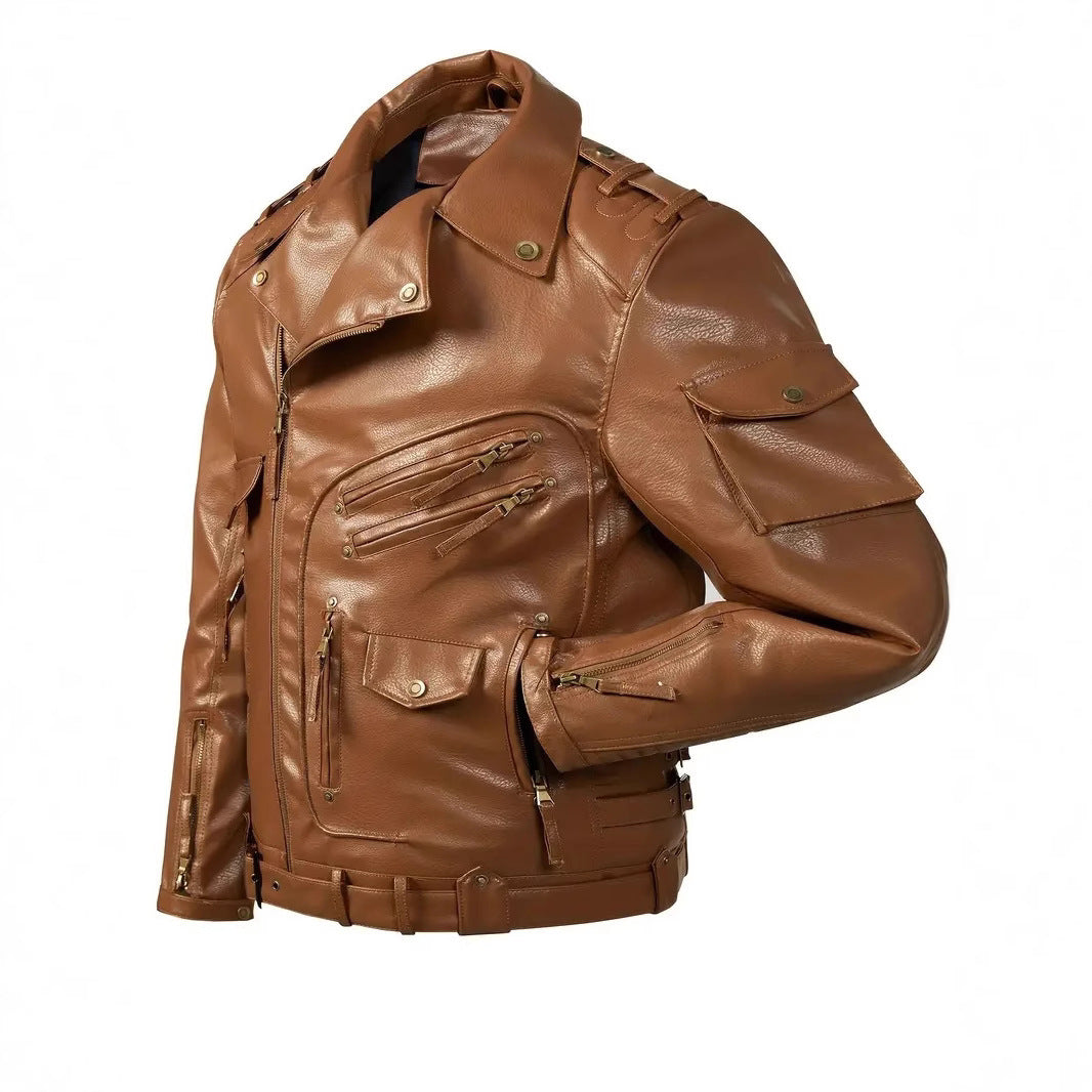 Stylish biker jacket for men with multiple zippered pockets and belt detail Lune London