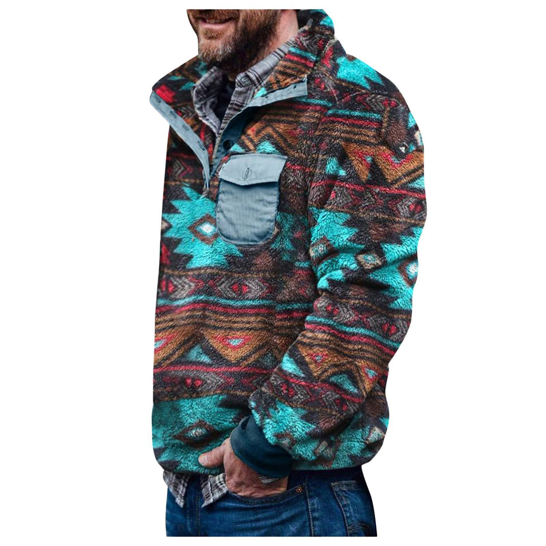 Men's sweater jacket with a colorful geometric design and a practical chest pocket Lune London