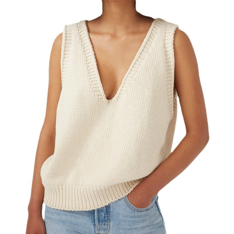 Women's stylish knit top with deep V-neck and wide straps Lune London