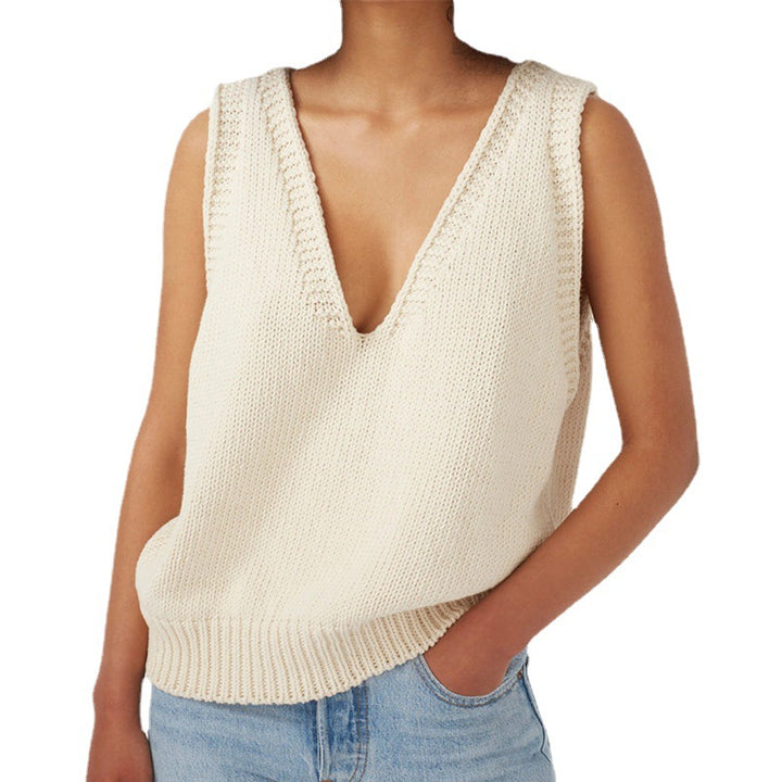Women's stylish knit top with deep V-neck and wide straps Lune London