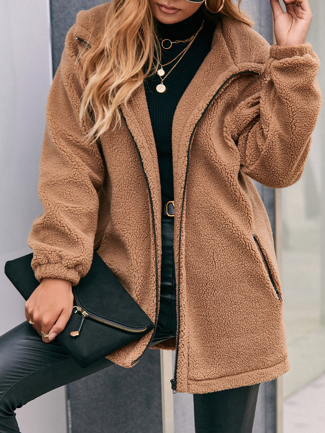 Fleece teddy jacket for women with practical pockets and high collar Lune London