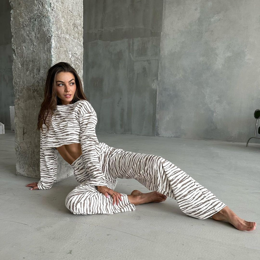 Lune London women's casual cropped top and jogger set with animal pattern