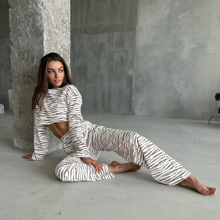 Lune London women's casual cropped top and jogger set with animal pattern