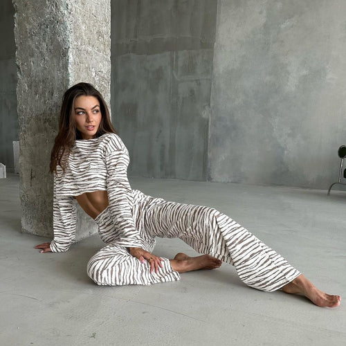 Lune London women's casual cropped top and jogger set with animal pattern