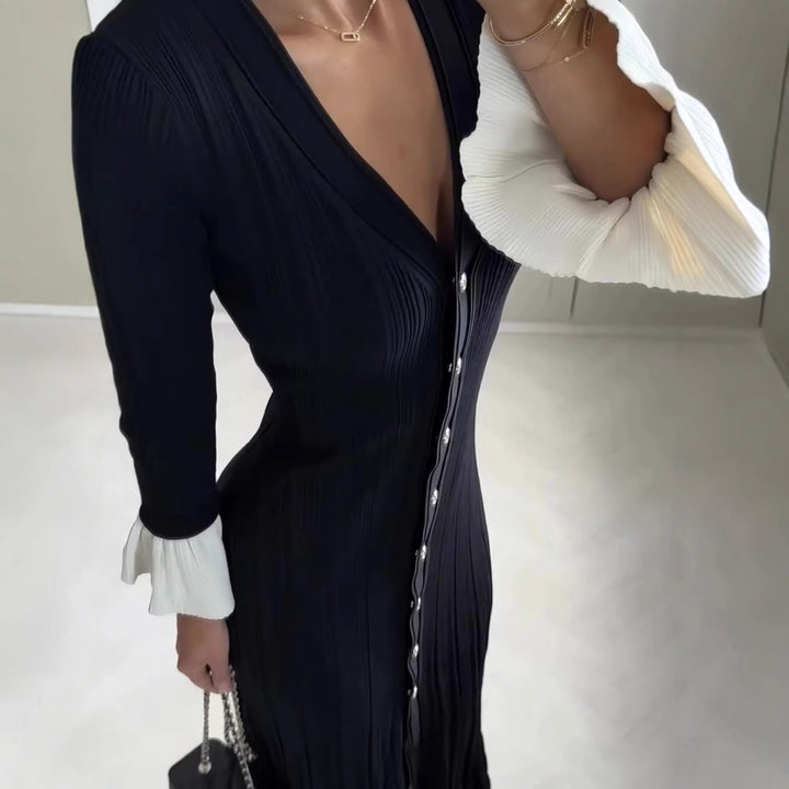 Maxi dress for women with elegant ruffled sleeves and chic button details