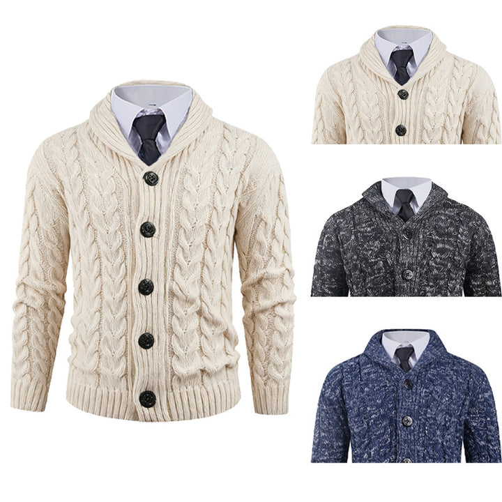 Men's knitted jacket with cable pattern and elegant shawl collar Lune London