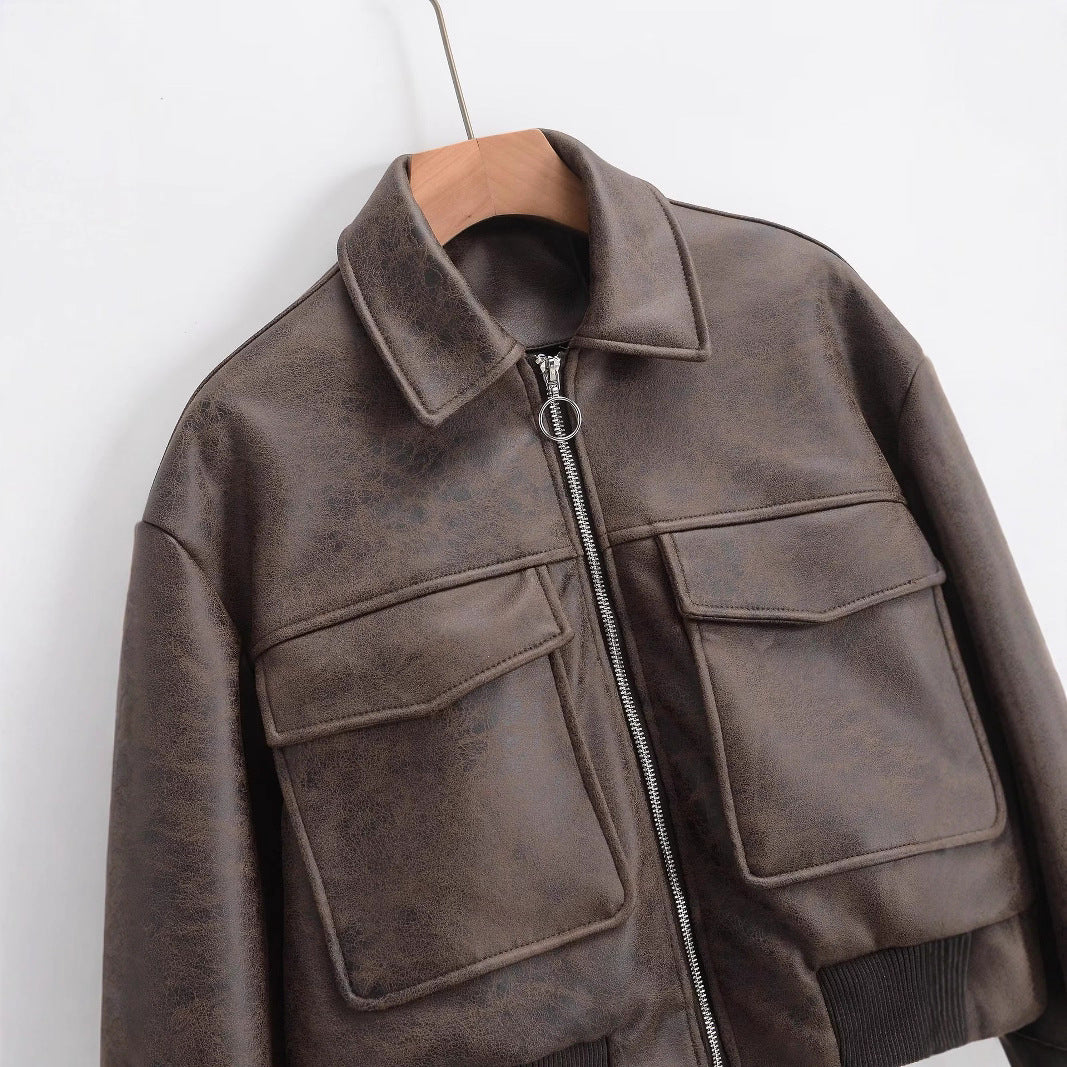 Veste en simili cuir courte pour femmes avec poches à rabat Chic & Stil