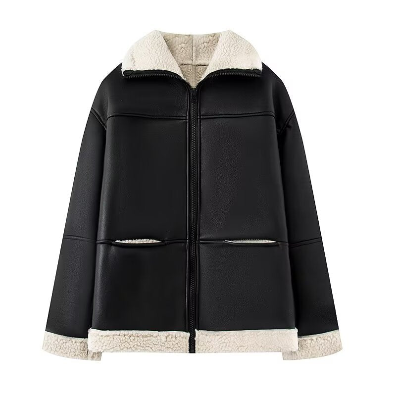 Faux leather jacket for women with cozy fleece lining and practical pockets Lune London