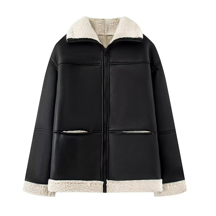 Faux leather jacket for women with cozy fleece lining and practical pockets Lune London