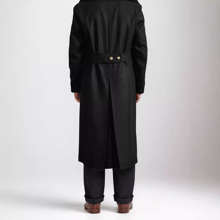 Elegant long coat for men with high-quality finish and double-breasted Lune London