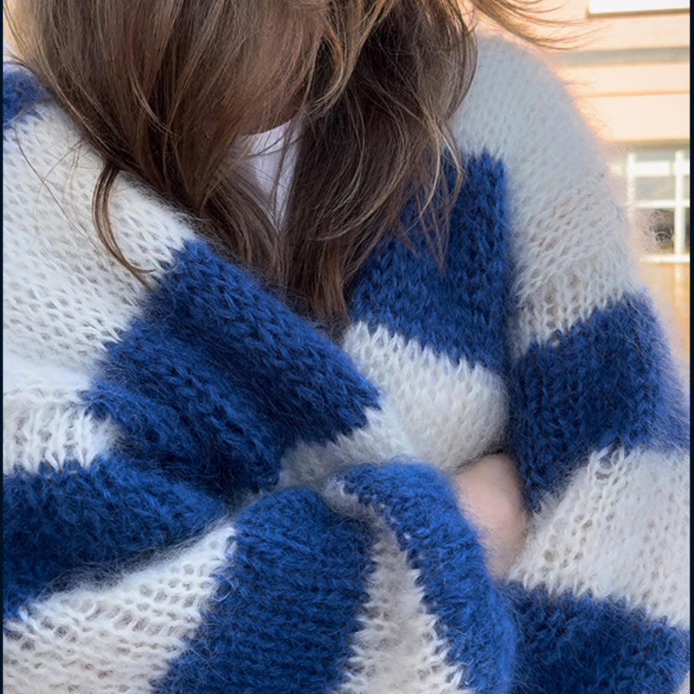 Chunky knit jacket for women with a trendy striped pattern and wide sleeves Lune London