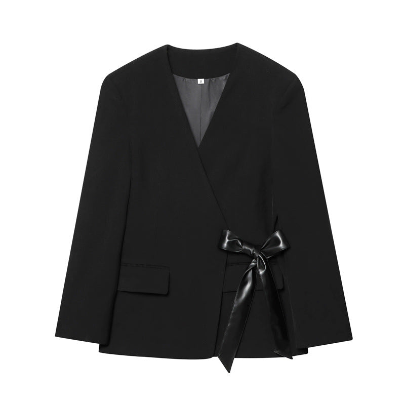 Elegant wrap blazer jacket for women with adjustable satin belt Lune London