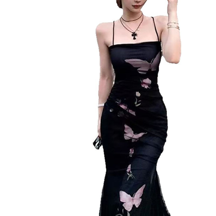 Ladies elegant wrap dress with floral butterfly print and adjustable spaghetti straps