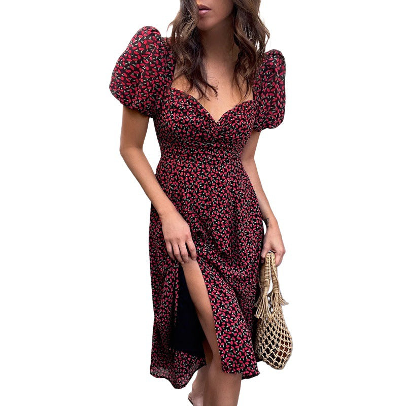 Ladies flowers shirt puff sleeves midi dress Lune London