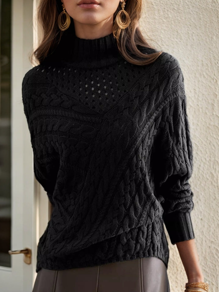 Knitted sweater for women with high collar and detailed cable pattern Lune London