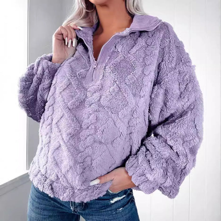 Ladies Plush Fleece Sweater with Zipper and Quilted Design Lune London