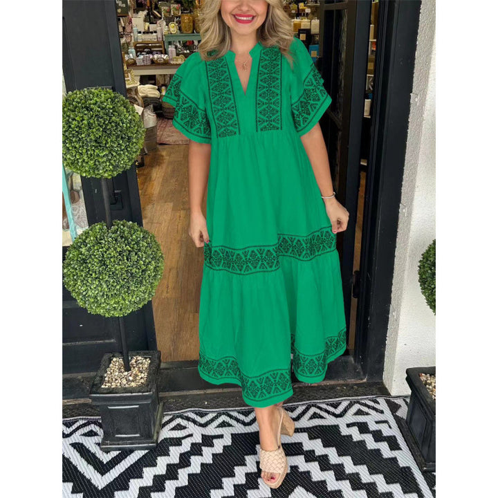 Maxi dress for women with refined embroidery details and a flared cut Lune London