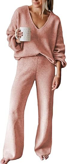 Dames Ensemble tricot confortable avec décolleté en V et jambe large Lune London