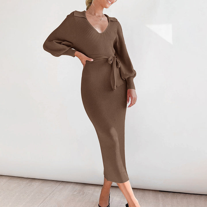 Knit dress for women with a waist belt and beautiful V-neck Lune London