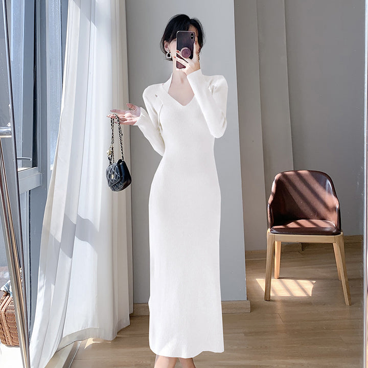Robe longue à manches longues pour femmes avec décolleté en V et fente latérale Chic & Stil
