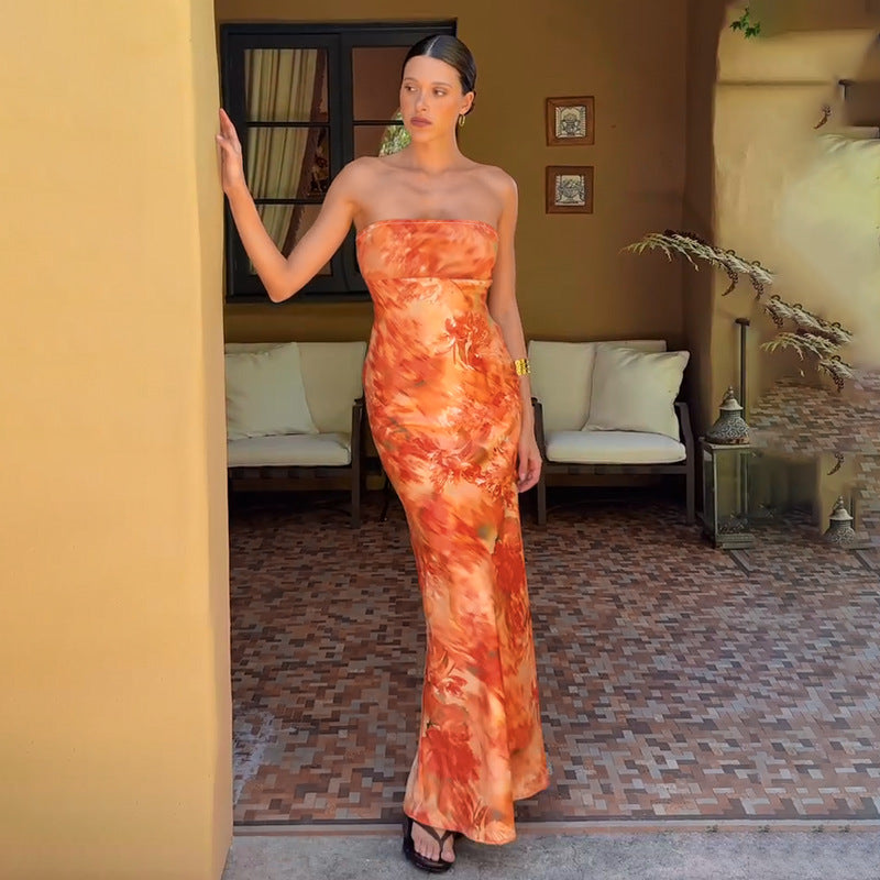 Ladies elegant strapless maxi dress with floral design and fitted cut