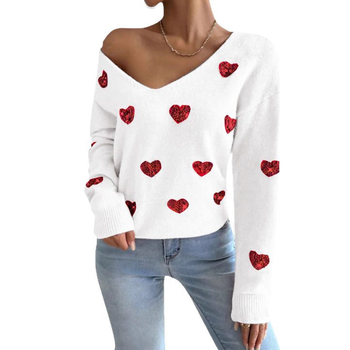 Pull surdimensionné pour femmes avec décolleté en V profond et motif cœur Chic & Stil