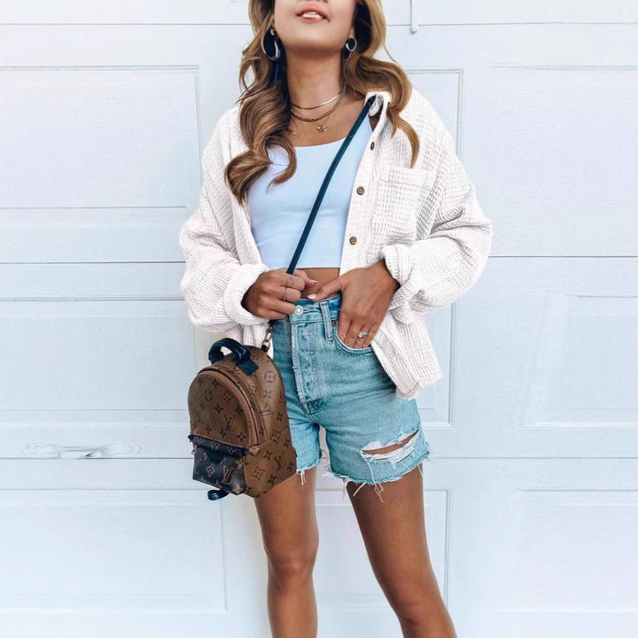 Casual overshirt jacket for women with a textured surface and trendy button details Lune London