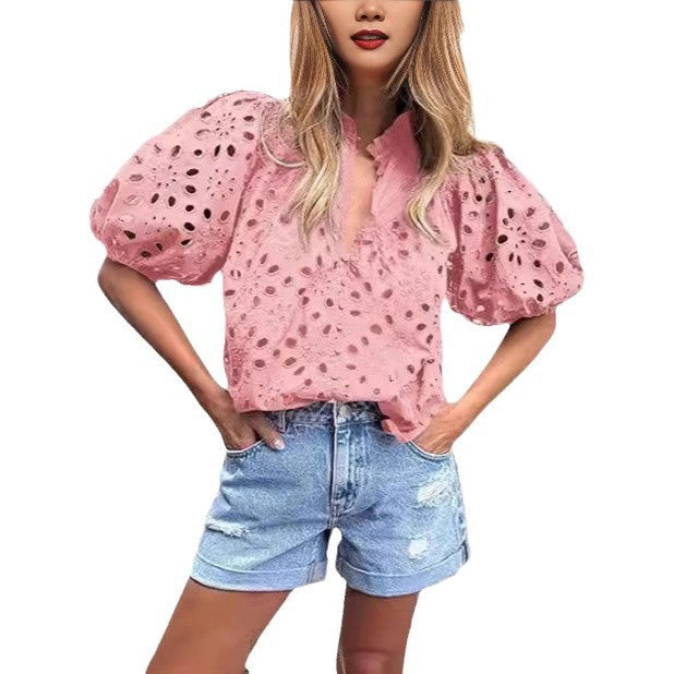 Ladies eyelet blouse with puff sleeves Lune London